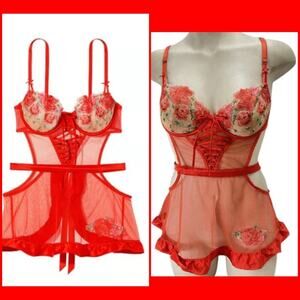 Victoria’s Secret Wicked Floral Embroidery Red Sheer Lace Apron NWT~NEW💋